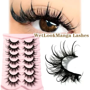 Manga Wet Look Lashes 7Pairs 3D Clear Band Lashes Natural Look Wispy Mink Eyelashes Fluffy Cat Eye Lashes Pack Fake Eyelashes