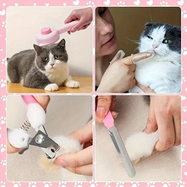9-Piece cat brush grooming set with pet nail clipper and file silicone self-cleaning brush flea comb pet supplies - Image 5