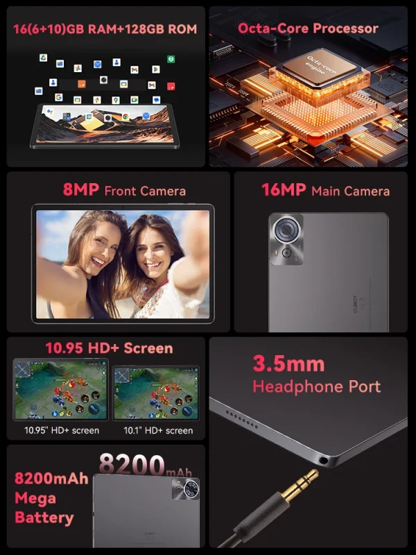 Cubot TAB 70, 2025 New Tablet Android 14, Octa-Core, 16GB RAM(6GB+10GB), 128GB ROM, 10.95" HD+ Screen, 8200mAh, GPS, Face ID - Image 2