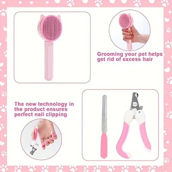 9-Piece cat brush grooming set with pet nail clipper and file silicone self-cleaning brush flea comb pet supplies - Image 4