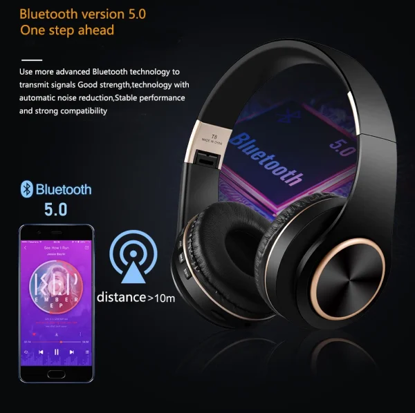 T8 Earphones Bluetooth Wireless Gaming Headphones for Pc Audio Headset Sale Collapsible Over-ear With Cable and Mic Hearing Aids - Image 6