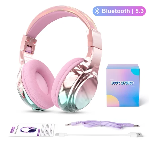 Glossy Gradient Pink Bluetooth5.3 Headphone For Girl Wireless Headphone with Mic Over Ear Headset for Girlfriend Christmas Gift - Image 7
