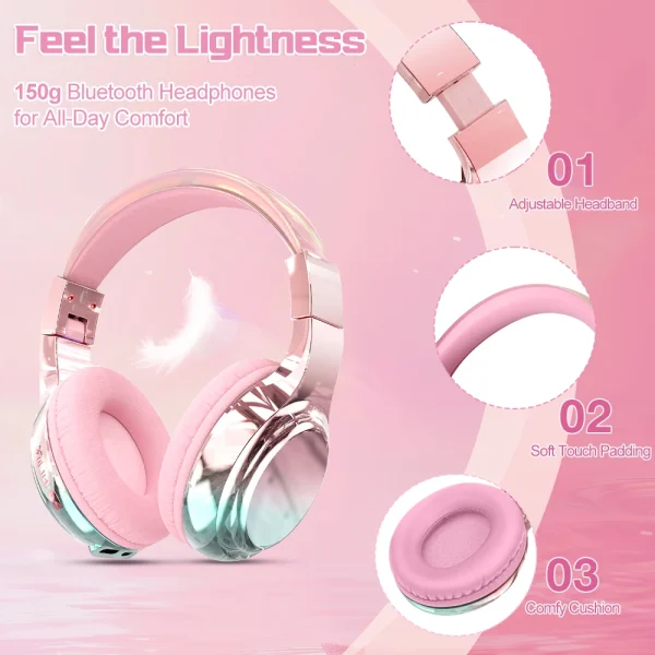 Glossy Gradient Pink Bluetooth5.3 Headphone For Girl Wireless Headphone with Mic Over Ear Headset for Girlfriend Christmas Gift - Image 4