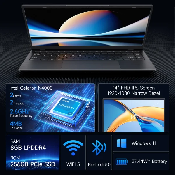14 Inch Windows 11 Laptops New N4000 2.6Ghz 8GB RAM 256GB ROM Notbook Pc Computer Laptop - Image 2