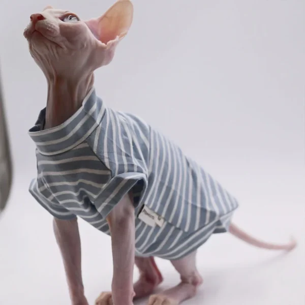 Soft pet T-shirt for Sphynx Cat Clothing in Spring Warm Fleece Striped Jumpsuit for Kittens Dogs short sleeves Shirt Devon Rex - Image 4