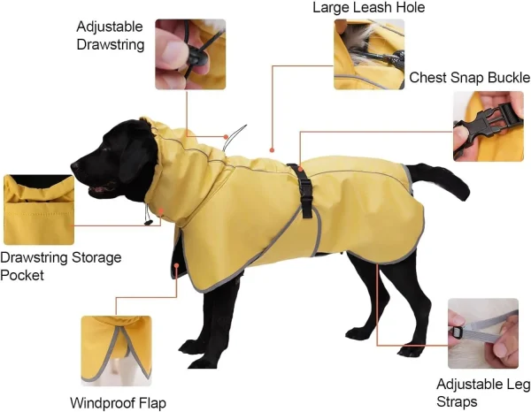 Dog Raincoat Waterproof - Adjustable Dog Poncho Raincoat Lightweight Rain Jacket with Soft Lining for Medium Large Dog Yellow - Image 2