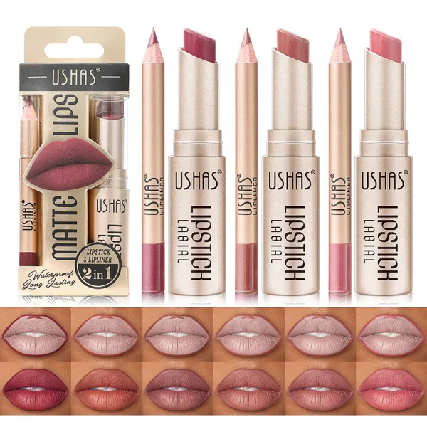 USHAS 12 Color Lip Liner + LIPSTICK Set Easy Coloring Matte Lipstick Long lasting nude red lipstick - Image 2