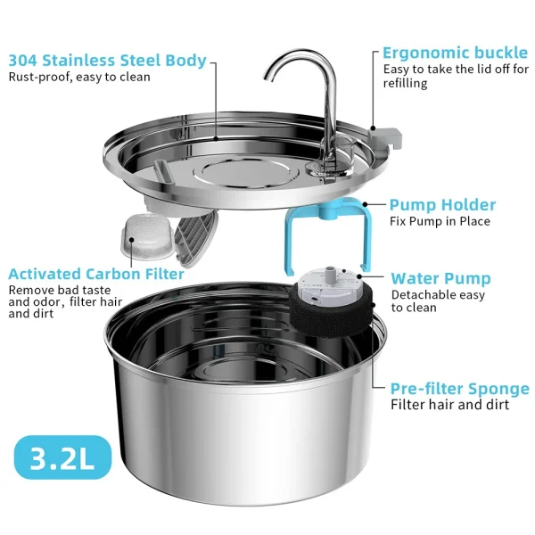 Stainless Steel Pet Water Feeder Cat Automatic Water Fountain USB Electric Mute for Cat Dog Filter Fountain Smart Drinking Bowl - Image 5