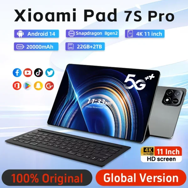 New 2025 Pad 7S pro 4K Tablet Android 14 System Dual-Mode 5G Wi-Fi 20000 mAh 22GB RAM 2 TB Storage Snapdragon 8gen2