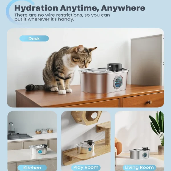 108oz/3.2L Stainless Steel Wireless Cat and Dog Drinker Rechargeable Automatic Pet Drinker Water Fountain Motion Sensor Bowl - Image 6