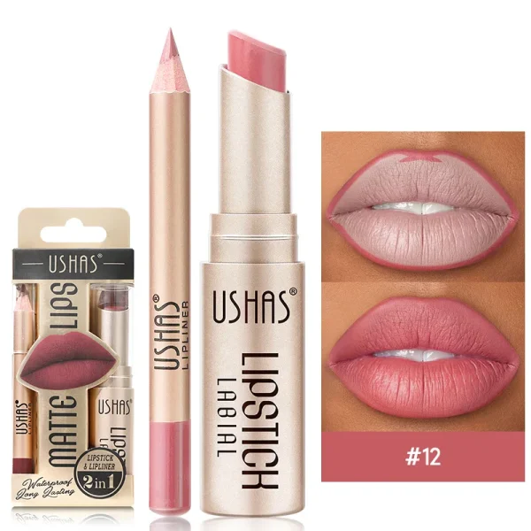 USHAS 12 Color Lip Liner + LIPSTICK Set Easy Coloring Matte Lipstick Long lasting nude red lipstick - Image 10