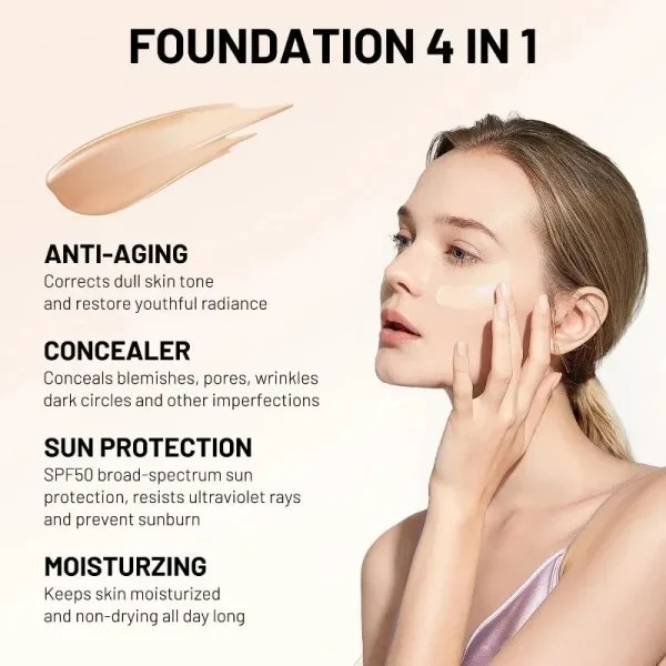 4 in 1 Foundation Liquid Hydrating Medium Full Coverage Concealer SPF 50+ Longwearing Waterproof Foundation Natural Face Makeup - Image 2