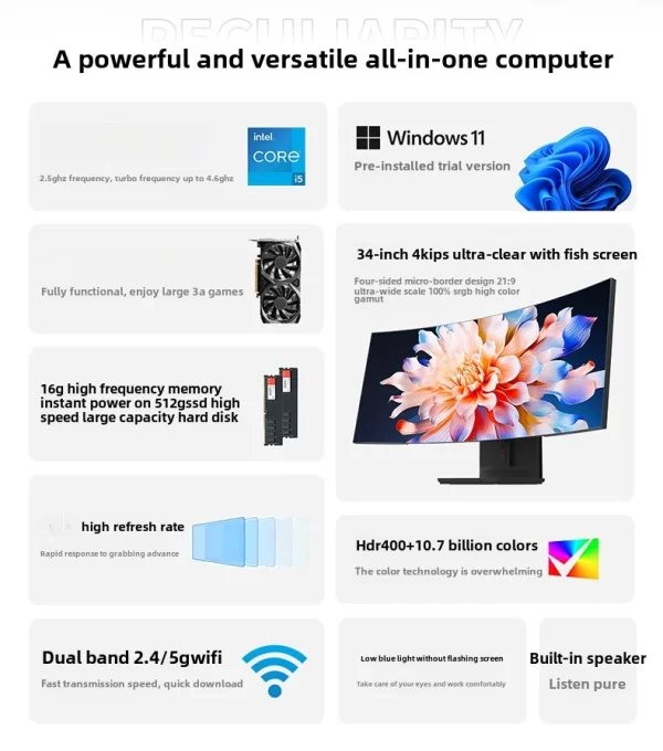 34 inch Curved All In One PC 4K HD Fish Screen All In One Computer16GB RAM Adjustable Office Computer - Image 4