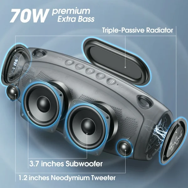W-KING 70W Waterproof Portable Loud Bluetooth Speaker, Wireless Outdoor Boombox SubwooferTriple Passive Radiators-Deep Bass - Image 2