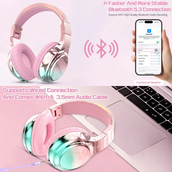 Glossy Gradient Pink Bluetooth5.3 Headphone For Girl Wireless Headphone with Mic Over Ear Headset for Girlfriend Christmas Gift - Image 2