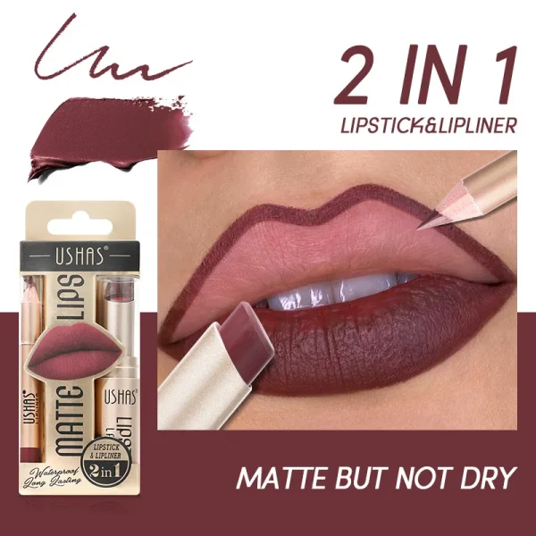 USHAS 12 Color Lip Liner + LIPSTICK Set Easy Coloring Matte Lipstick Long lasting nude red lipstick - Image 3