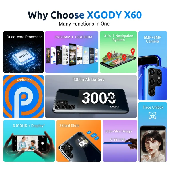 XGODY X60 New LTE 4G Cell Phone 6.0" 2GB RAM+16GB ROM Mobile Phone 3000mAh Dual SIM Quad Core Smartphone Android 9.0 Face ID - Image 6