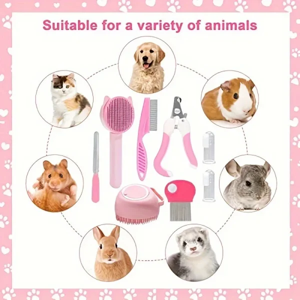 9-Piece cat brush grooming set with pet nail clipper and file silicone self-cleaning brush flea comb pet supplies - Image 3
