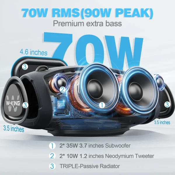 W-KING (120W PEAK)70W Portable Loud Bluetooth Speakers with Wireless Microphone,  Waterproof Outdoor Wireless Bluetooth - Image 2