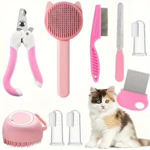 9-Piece cat brush grooming set with pet nail clipper and file silicone self-cleaning brush flea comb pet supplies
