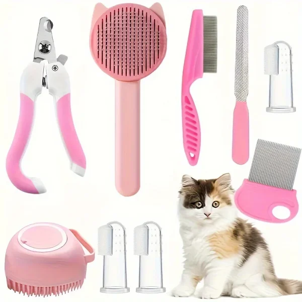9-Piece cat brush grooming set with pet nail clipper and file silicone self-cleaning brush flea comb pet supplies