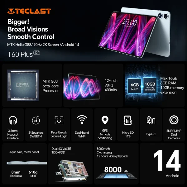 【World Premiere】Teclast T60 Plus 12" 90Hz 2K Display Android 14 L1 MTK Helio G88 6GB/128GB 8000mAh Battery 4G LTE Global Version - Image 3