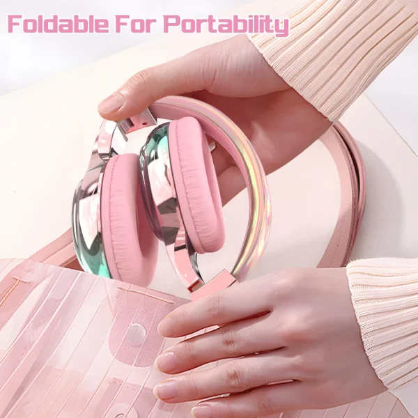Glossy Gradient Pink Bluetooth5.3 Headphone For Girl Wireless Headphone with Mic Over Ear Headset for Girlfriend Christmas Gift - Image 5
