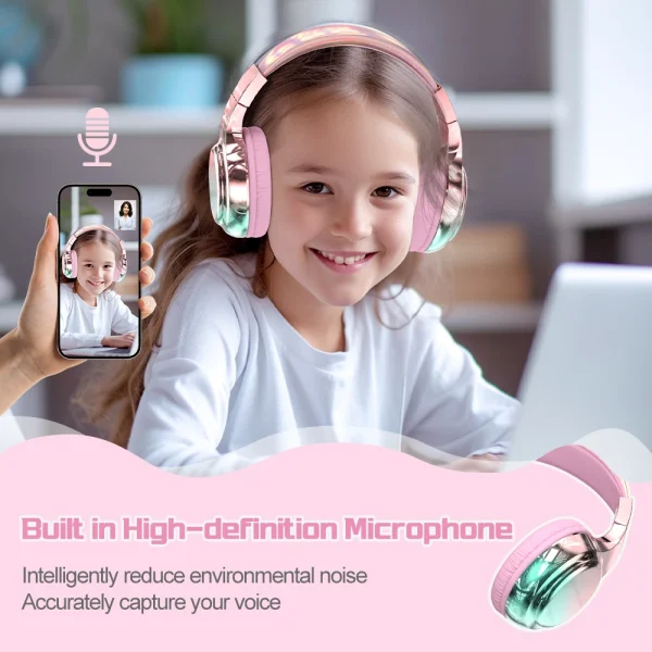 Glossy Gradient Pink Bluetooth5.3 Headphone For Girl Wireless Headphone with Mic Over Ear Headset for Girlfriend Christmas Gift - Image 3