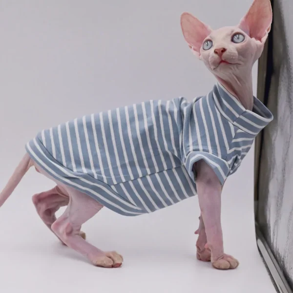 Soft pet T-shirt for Sphynx Cat Clothing in Spring Warm Fleece Striped Jumpsuit for Kittens Dogs short sleeves Shirt Devon Rex - Image 3
