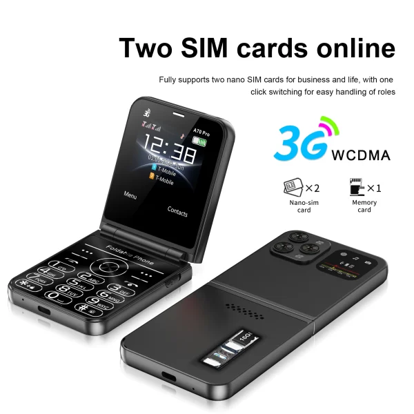SERVO A70 PRO Flip Mobile Phone 3G WCDMA Speed Dial MP4 Player Flashlight FM Radio Foldable 2 SIM Standby Feature Phones Type-C - Image 6